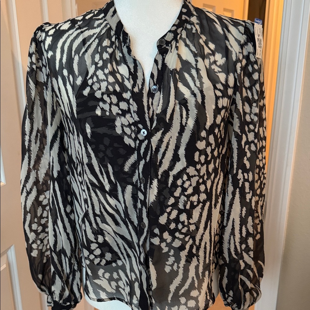 Veronica Beard Sheer Black and Cream Animal Print Blouse